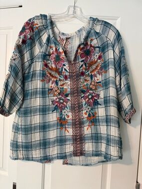 Johnny Was Teal & White Plaid Embroidered Peasant Tunic. 100% cotton button down